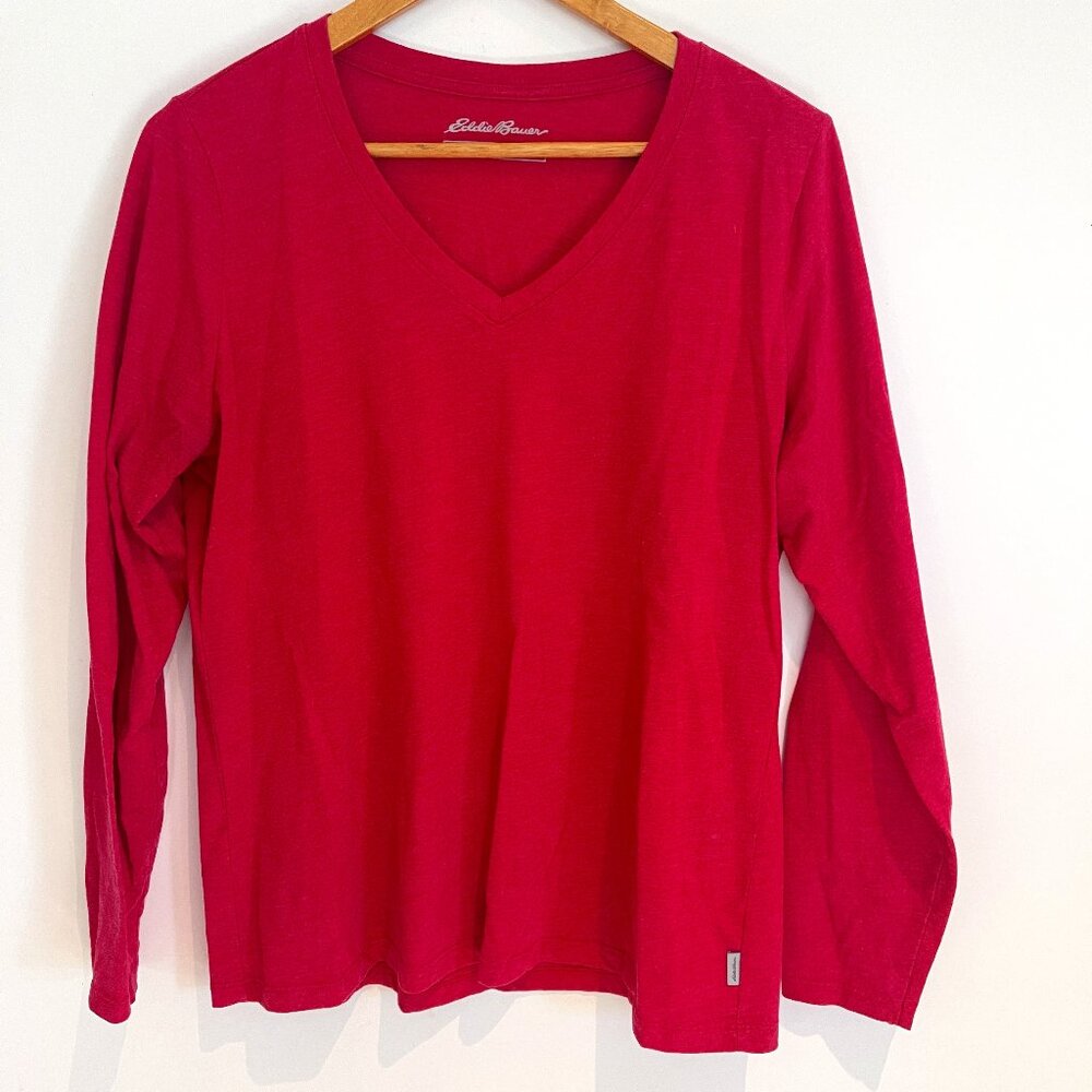Eddie Bauer Woman Pink V Neck Long Sleeve Pullover T Shirt Size L